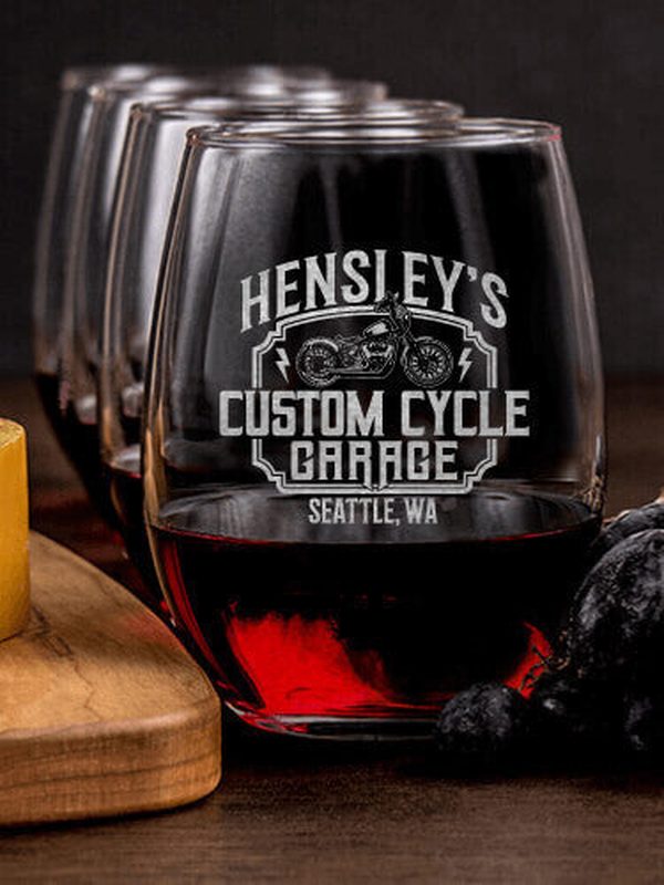 Custom Cycle Garage BP : Cheese Board Wine Glass Gift Sets - Engraved