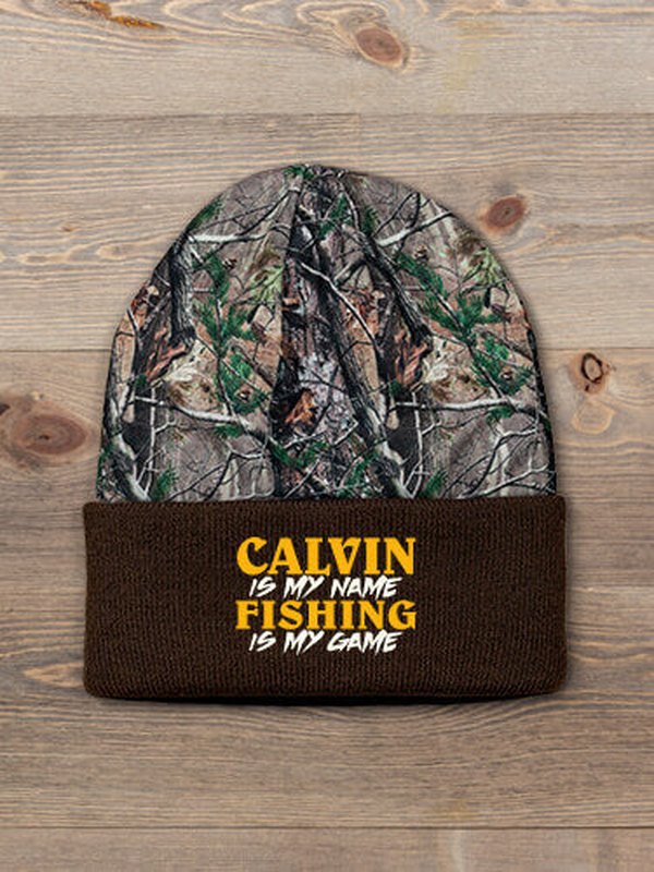 Fishing is my Game : Embroidered 2-Tone Camo Cuffed Beanie