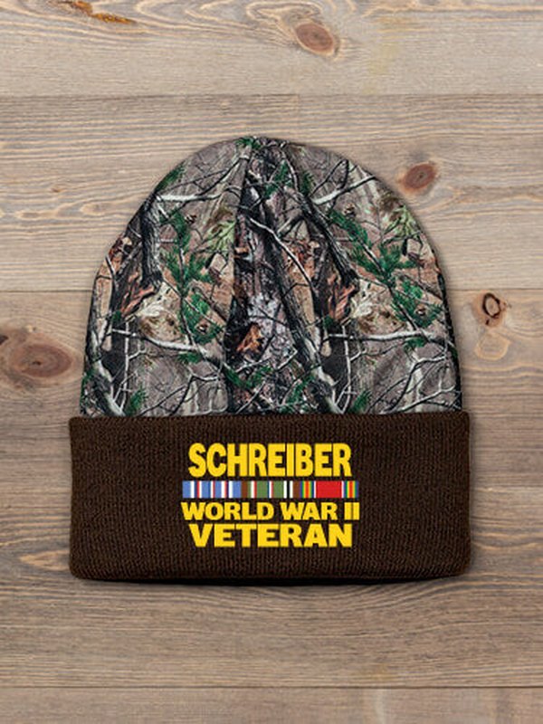 WW2 European Veteran : Embroidered 2-Tone Camo Cuffed Beanie