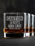 Caution Man Cave : Rocks Glasses - Engraved