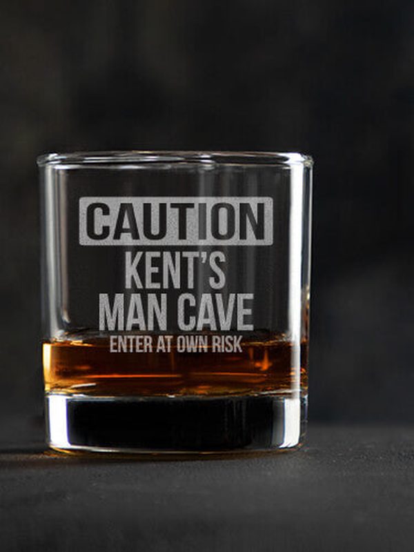 Caution Man Cave : Rocks Glasses - Engraved