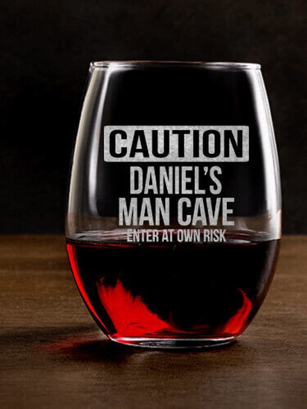Caution Man Cave : Stemless Wine Glasses - Engraved