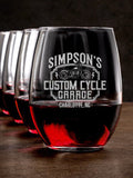 Custom Cycle Garage : Stemless Wine Glasses - Engraved