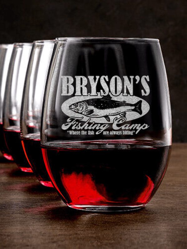 Fishing Camp : Stemless Wine Glasses - Engraved