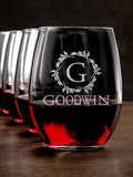 Wreath Monogram : Stemless Wine Glasses - Engraved