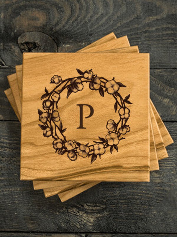 Cotton Wreath Monogram : Coasters - Engraved